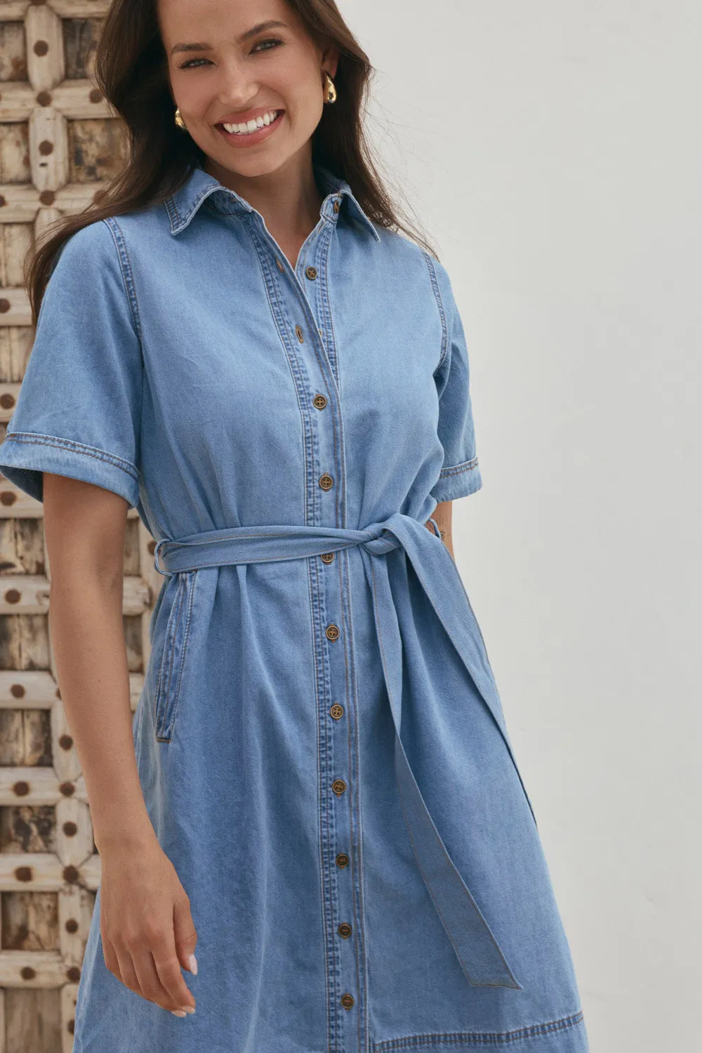 Abbey Chambray Short Dress in Light Wash sold by Adrift product image thumbnail 2