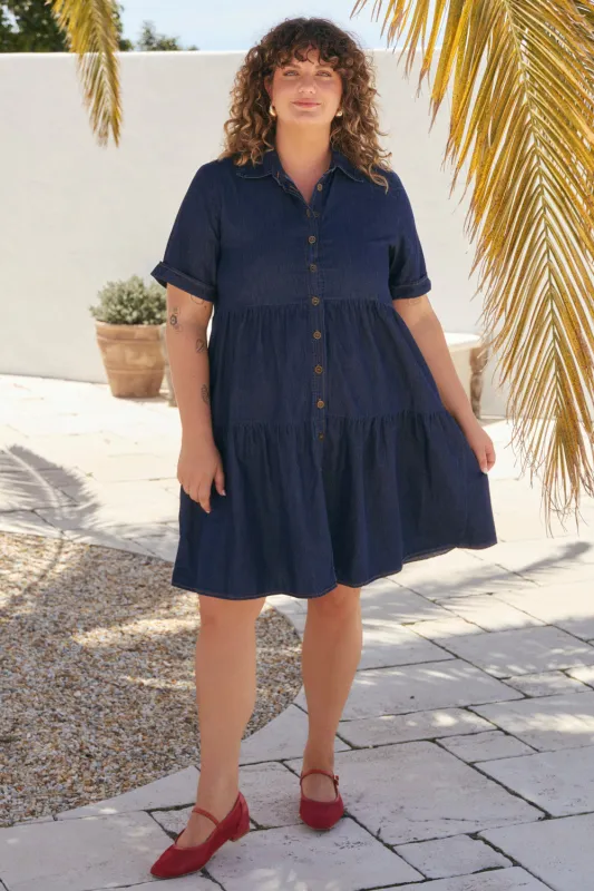 Ginette Chambray Short Dress in Dark Wash sold by Adrift