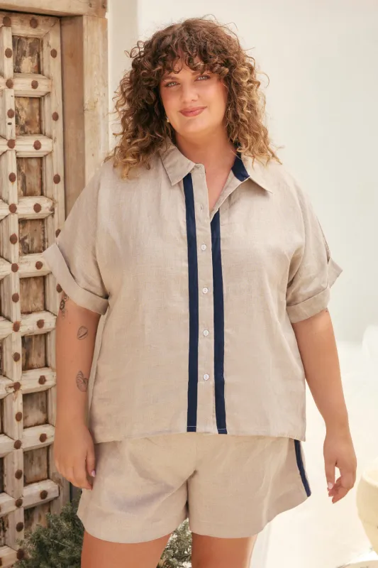 Carmen Linen Shirt in Natural Splice sold by Adrift