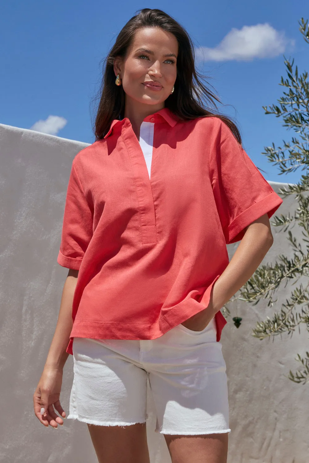 Ella Collared Top in Clementine sold by Adrift