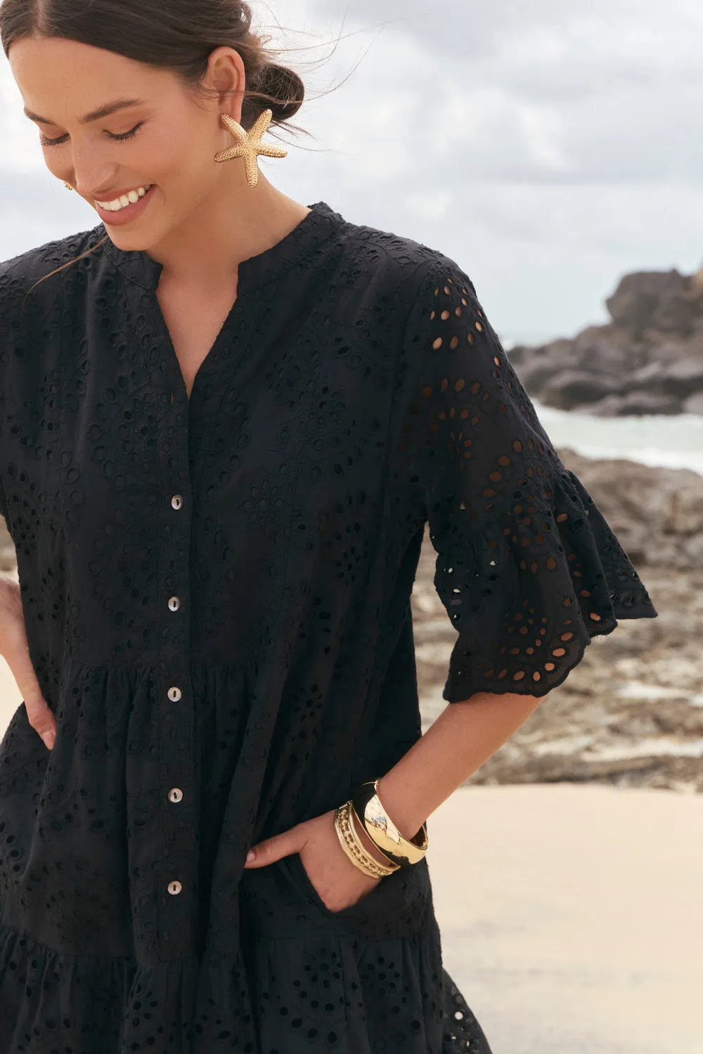 Lynette Shift Dress in Black Broderie sold by Adrift