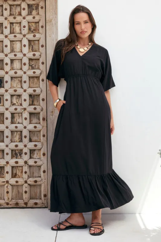 Emily V-Neck Dress in Black sold by Adrift