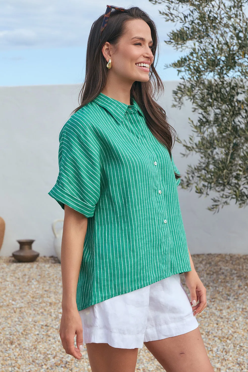Carmen Linen Shirt in Emerald City sold by Adrift product image thumbnail 3