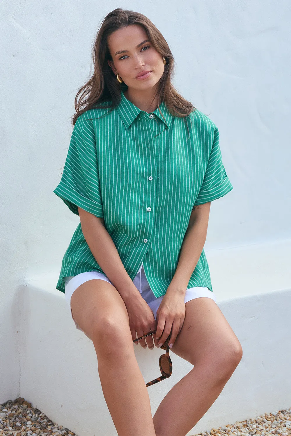 Carmen Linen Shirt in Emerald City sold by Adrift product image thumbnail 2