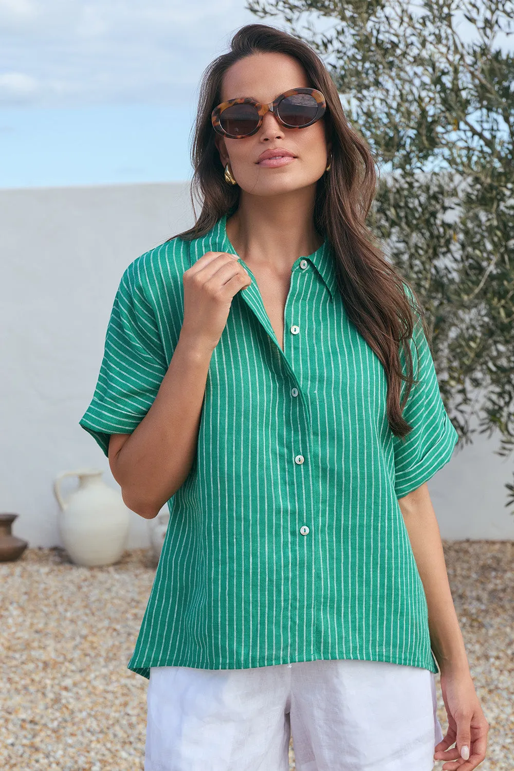 Carmen Linen Shirt in Emerald City sold by Adrift