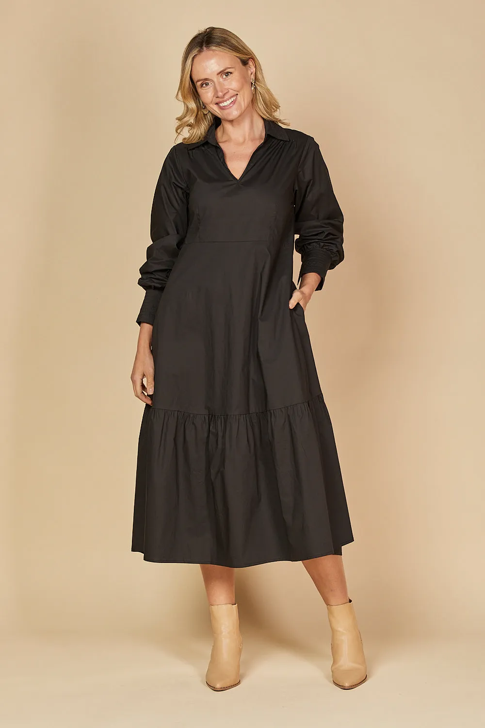 Sabre V-Neck Poplin Dress in Black sold by Adrift