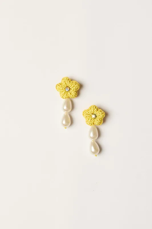 Hanging Beaded Flower Studs in Yellow sold by Adrift