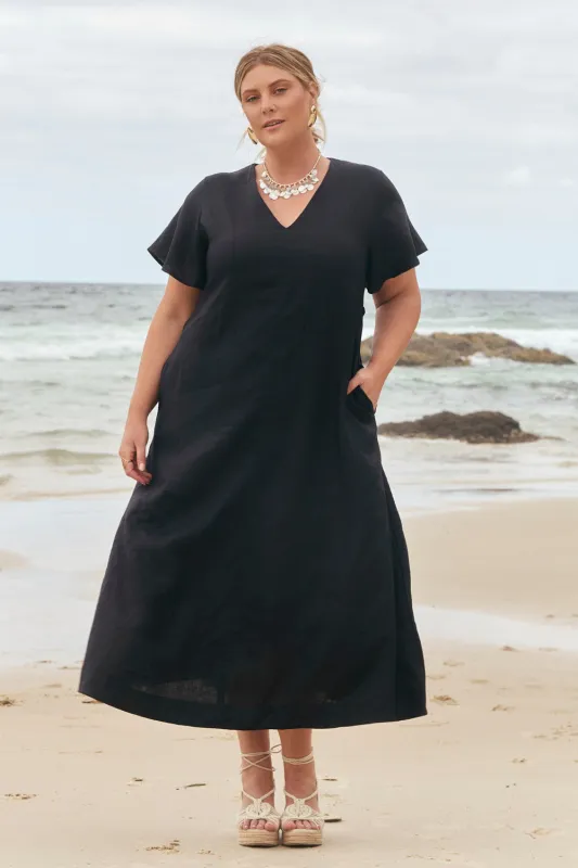 Tatum Linen Flutter Sleeve Dress in Black sold by Adrift