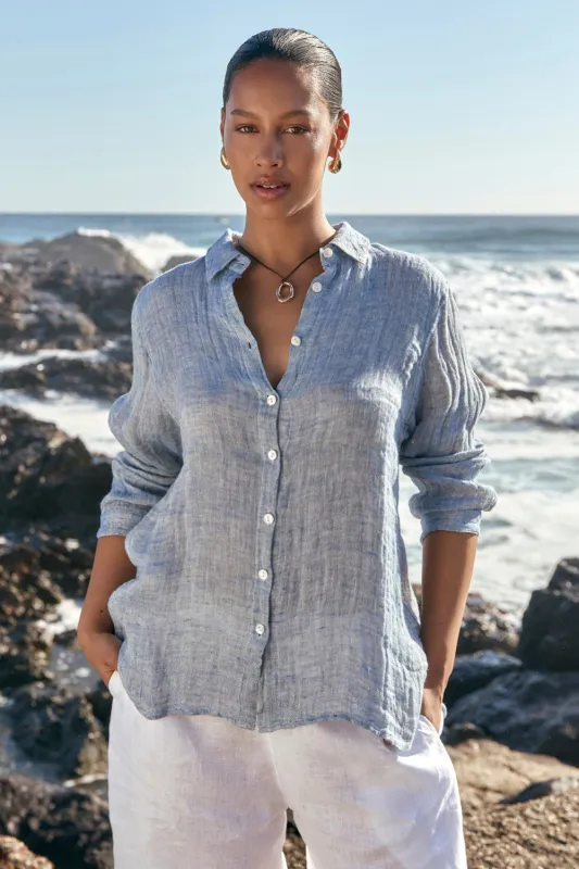 Natalia Linen Oversized Shirt in Sky Blue Tide sold by Adrift