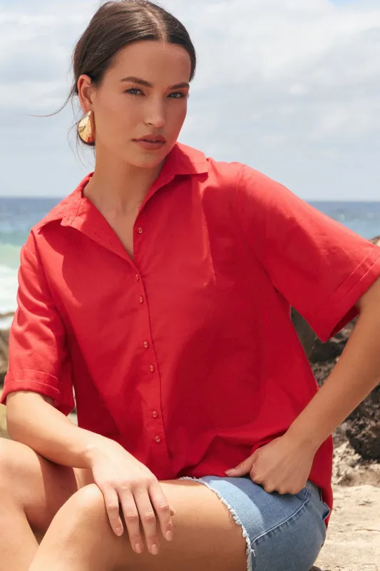 Amani Short Sleeve Cotton Shirt in Racing Red made by Adrift