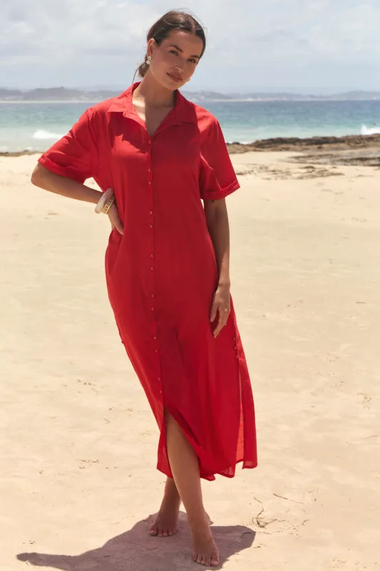 Amani Collared Dress in Racing Red sold by Adrift