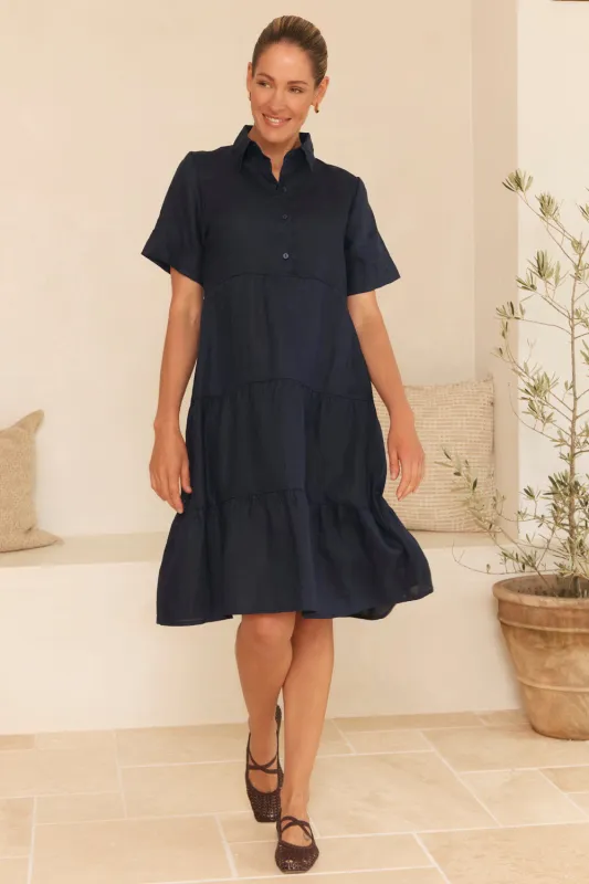 Winslow Linen Knee-Length Dress in Navy made by Adrift