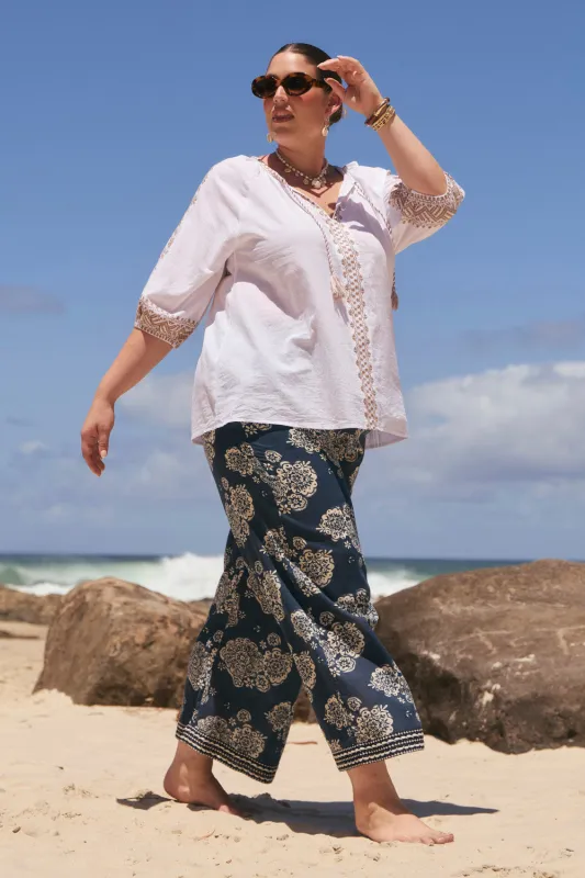 Breezy Relaxed Pant in Moroccan Belle Navy sold by Adrift