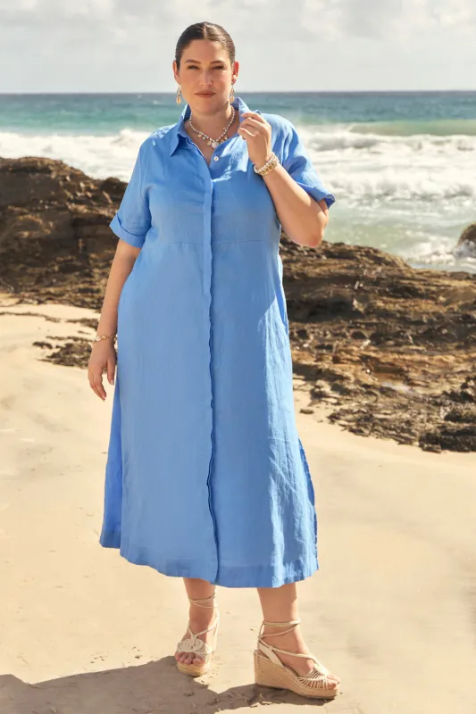 Gracie Linen Shirt Dress in Sky Blue sold by Adrift