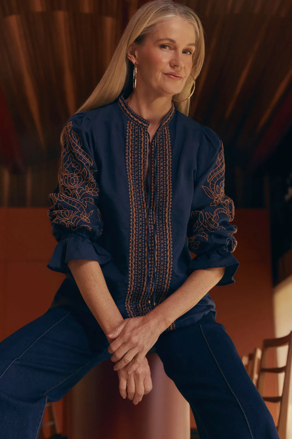 Tanya Embroidered Blouse in Navy sold by Adrift