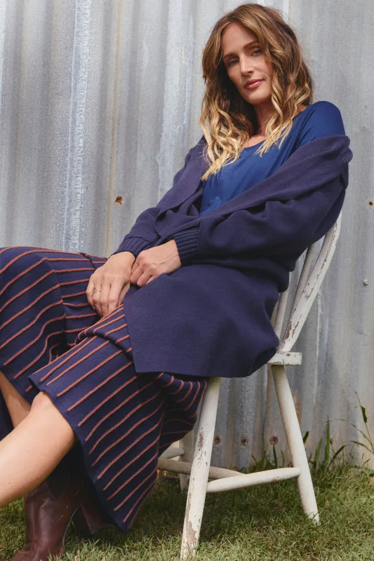 Knitted Long Line Cardigan in Navy made by Adrift