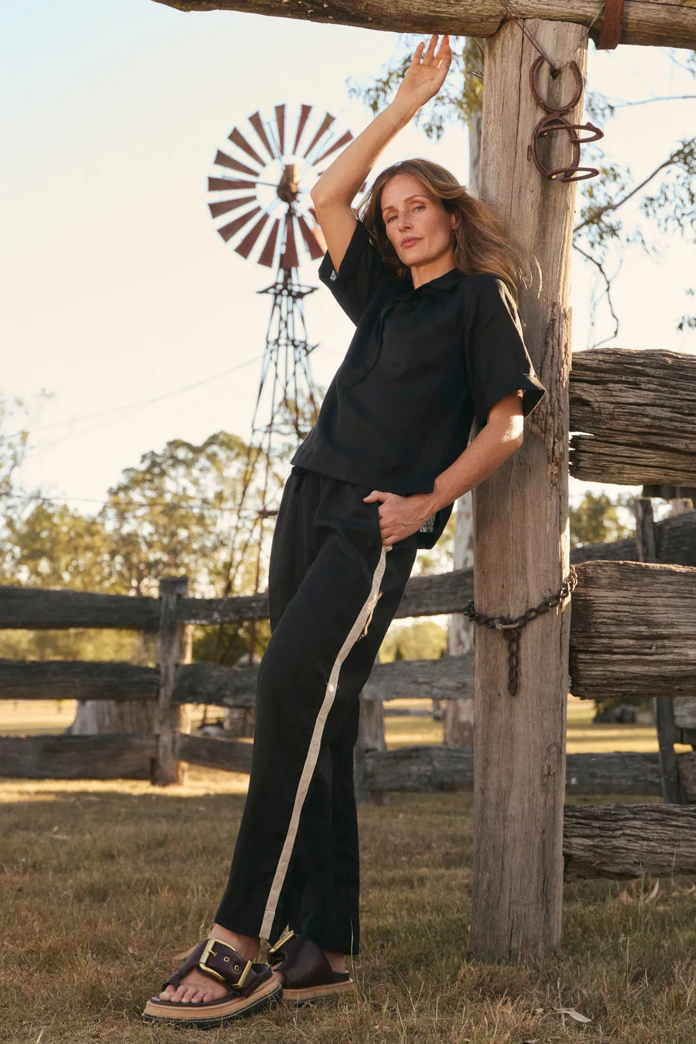 Breezy Linen Relaxed Pant in Black Splice sold by Adrift