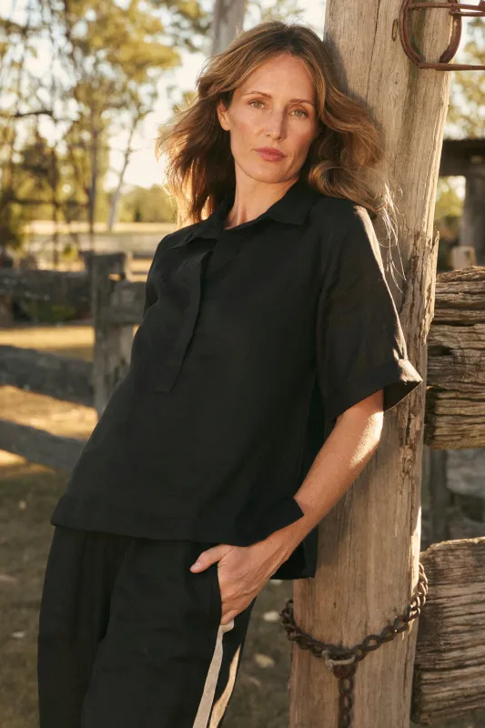 Ella Linen Collared Top in Black made by Adrift
