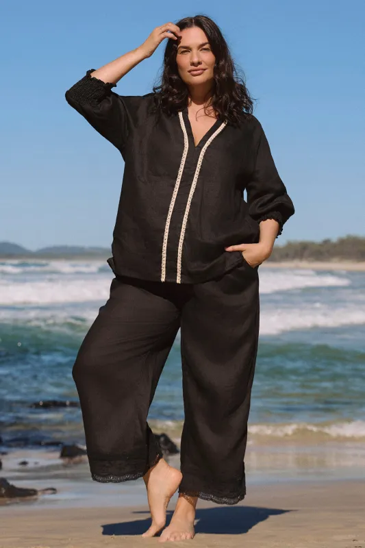Breezy Linen Cropped Pant in Lace Black made by Adrift