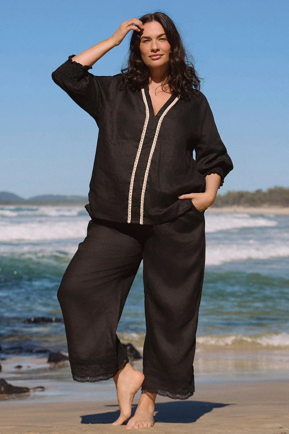 Breezy Linen Cropped Pant in Lace Black sold by Adrift