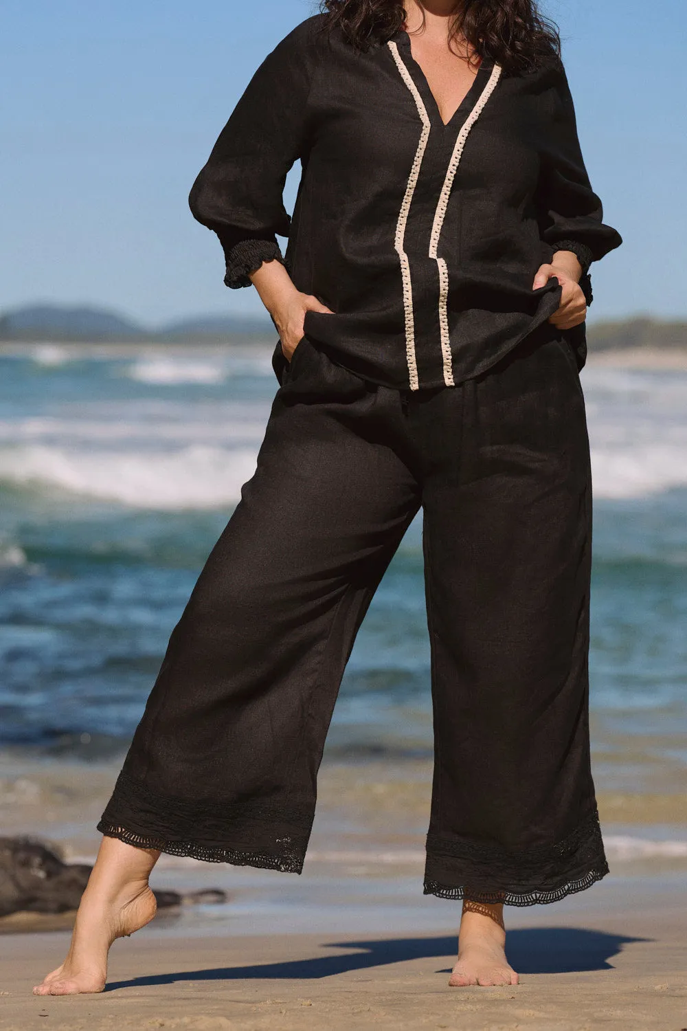 Breezy Linen Cropped Pant in Lace Black sold by Adrift product image thumbnail 2