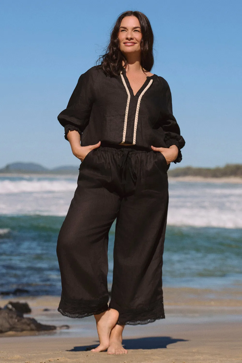 Breezy Linen Cropped Pant in Lace Black sold by Adrift product image thumbnail 3