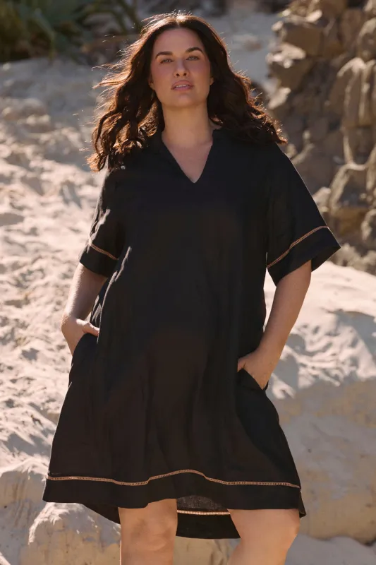 Leni Linen Short Collared Dress in Lace Black made by Adrift