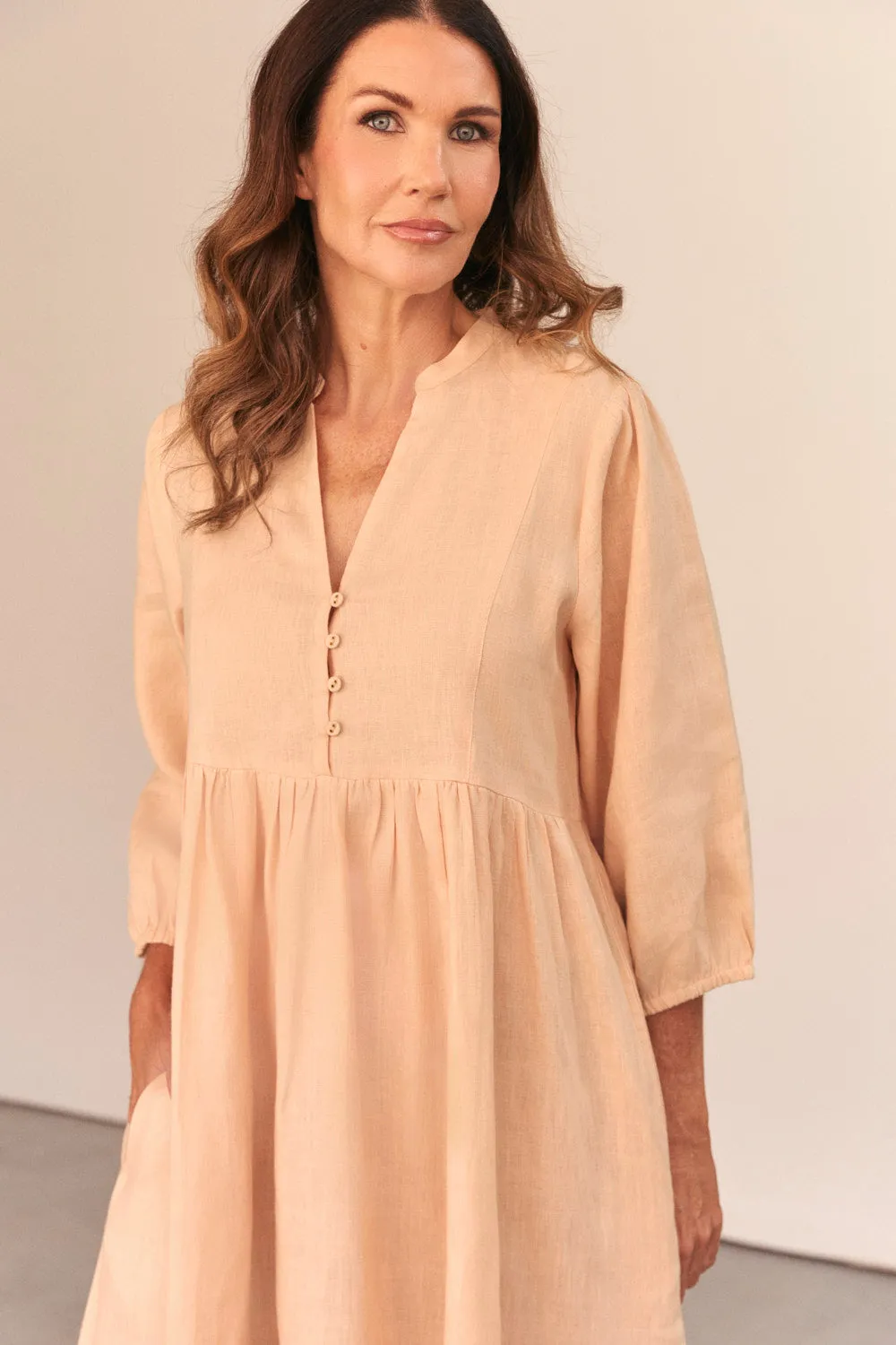 Elodie Linen Smock Dress in Sand sold by Adrift product image thumbnail 2