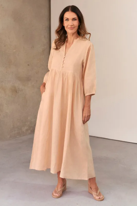 Elodie Linen Smock Dress in Sand made by Adrift