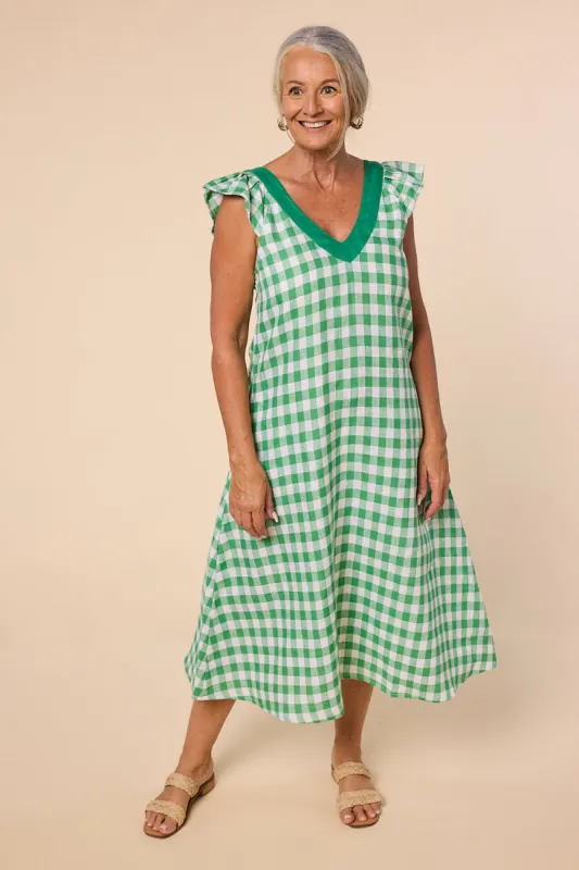 Rivka Frill Sleeve Linen Dress in Treviso Green sold by Adrift