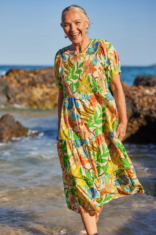 Minden Shirred Dress in Bergamo sold by Adrift