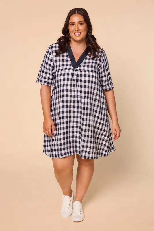 Kora A-Line Linen Dress in Treviso Navy sold by Adrift