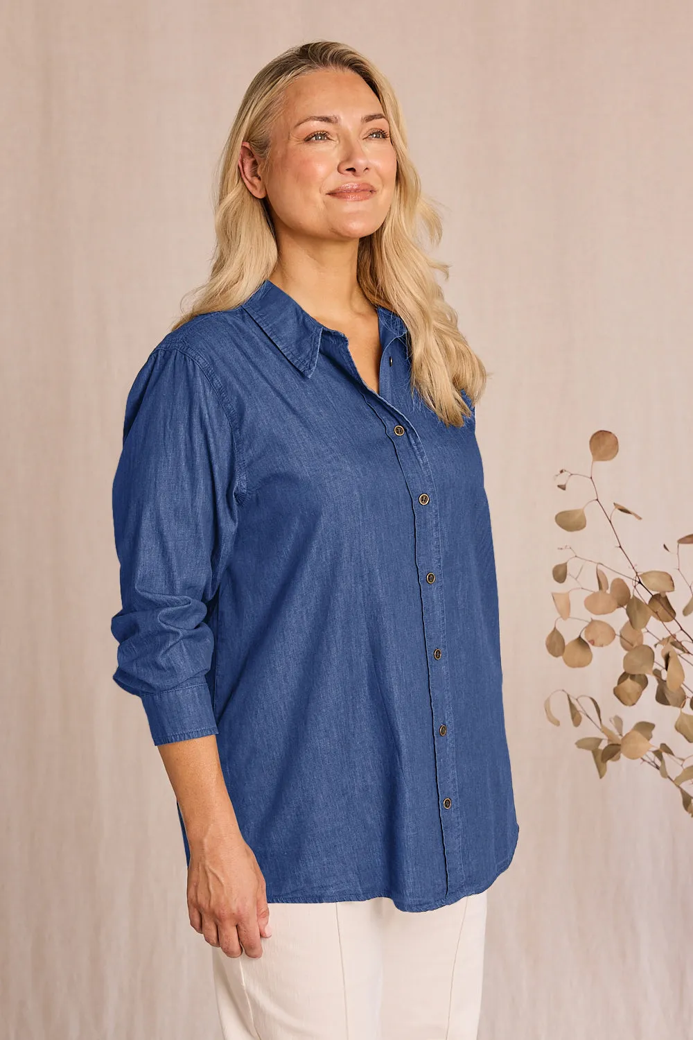 Sam Chambray Shirt in Mid Wash sold by Adrift