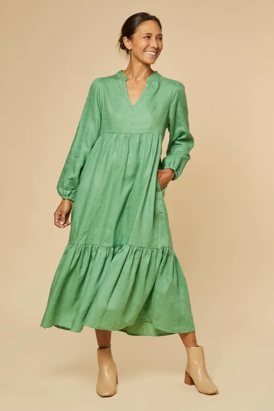 Sabre V-Neck Linen Dress in Jadesheen sold by Adrift