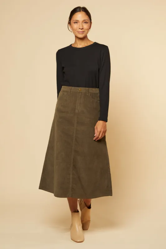 Adrift A-Line Brushed Cotton Skirt in Olive sold by Adrift