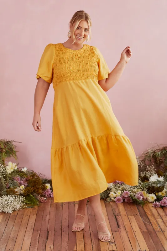 Minden Shirred Linen Dress in Golden Hour sold by Adrift