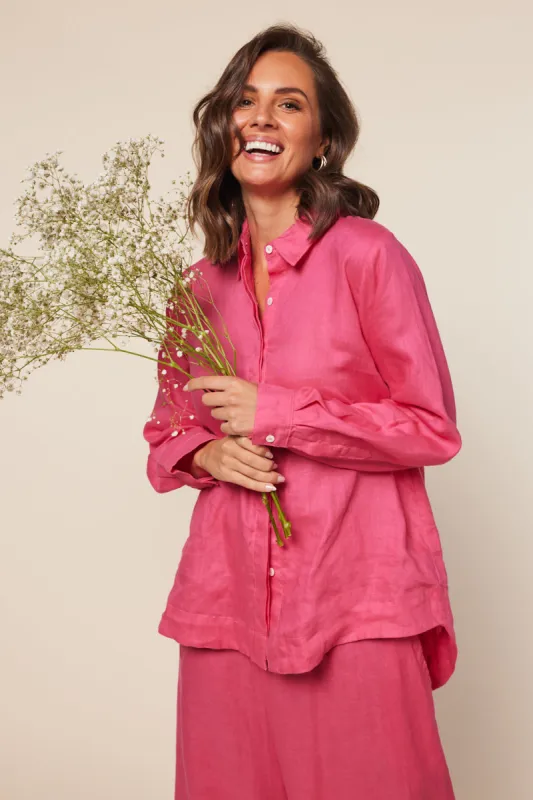Oversized Linen Boyfriend Shirt in Hot Pink sold by Adrift