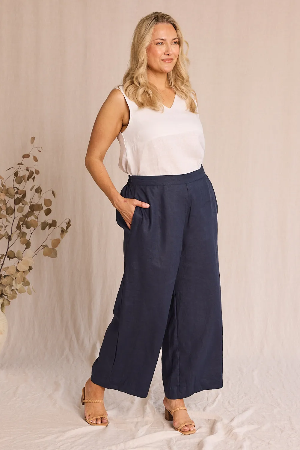 Camille Linen Wide Leg Pant in Navy sold by Adrift