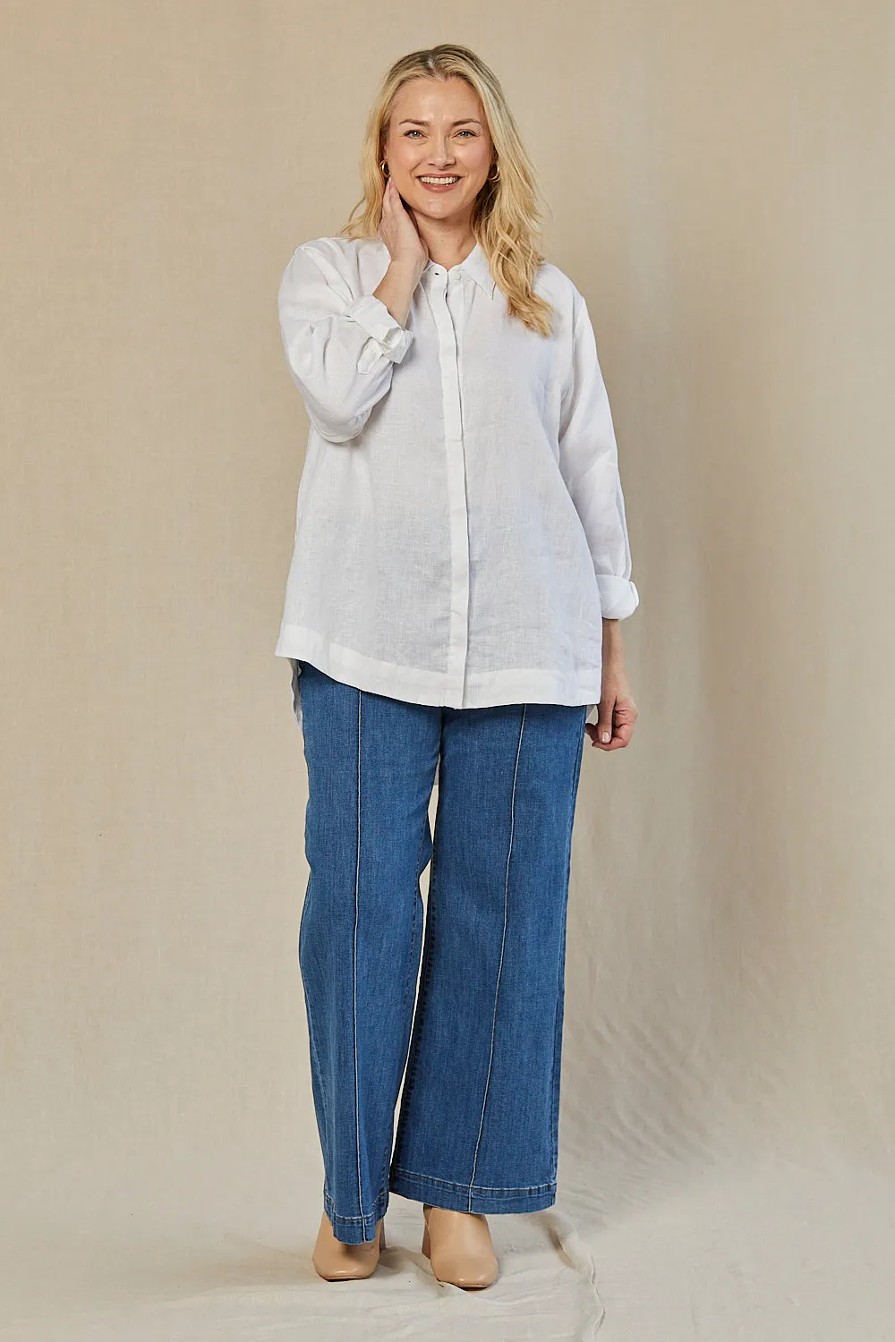 Oversized Linen Boyfriend Shirt in White sold by Adrift product image thumbnail 4