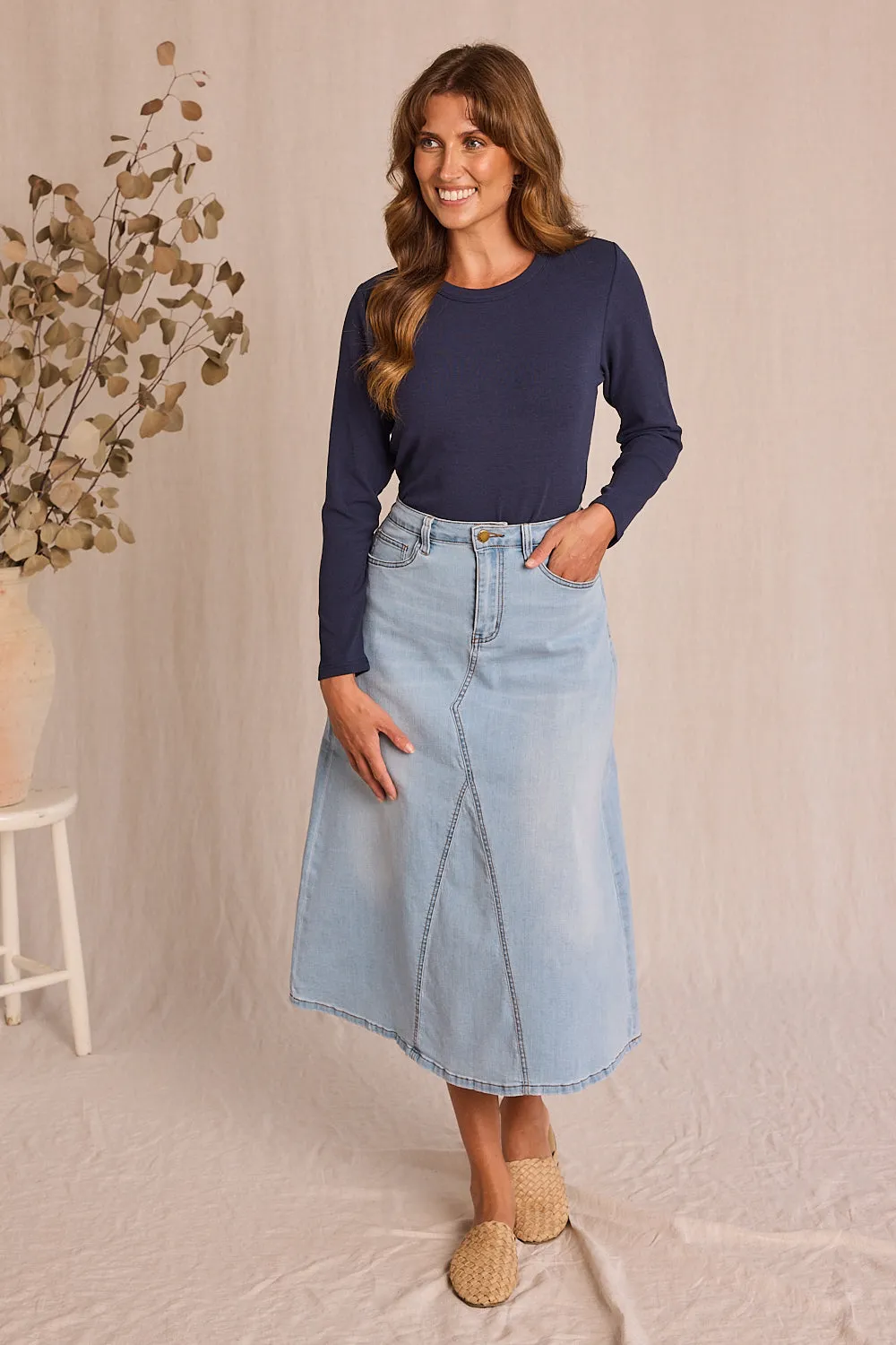 Adrift Denim Midi Skirt in Light Wash sold by Adrift