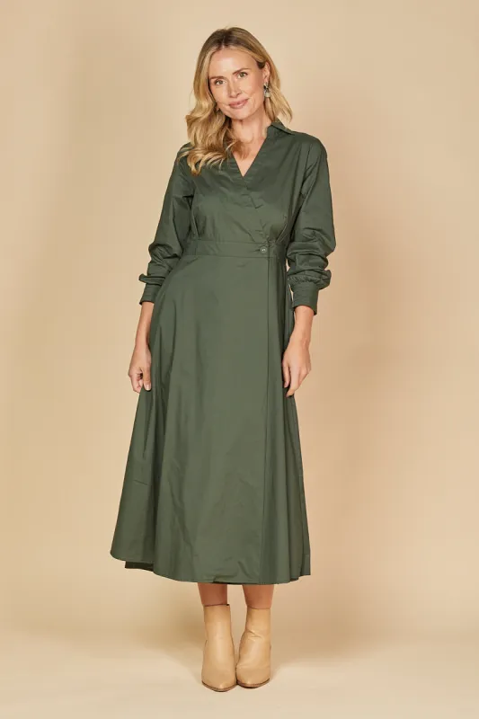 Wendy Poplin Wrap Dress in Bottle Green sold by Adrift