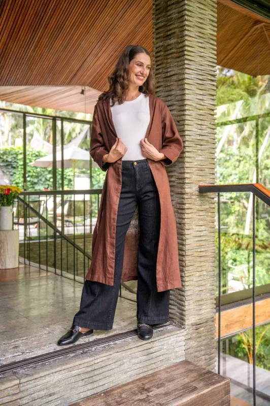 Long Line Linen Duster Jacket in Raisin sold by Adrift