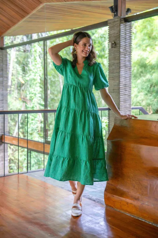 Sabre Linen V-Neck Dress in Emerald City sold by Adrift