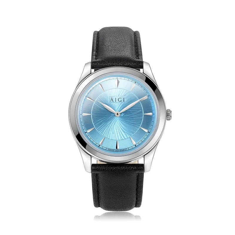 POLAR BLUE 38MM - BLACK LEATHER made by Aigi Time