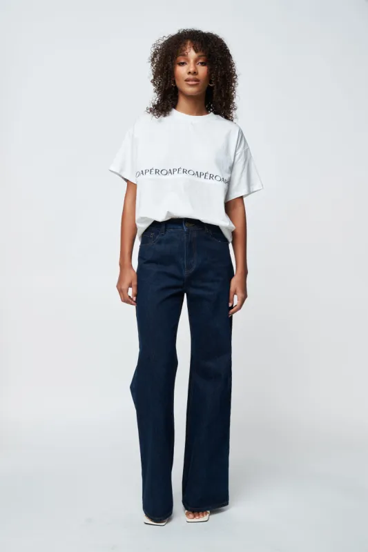 Splice Embroidered Oversized Longline Tee - White / Navy sold by Apero Label
