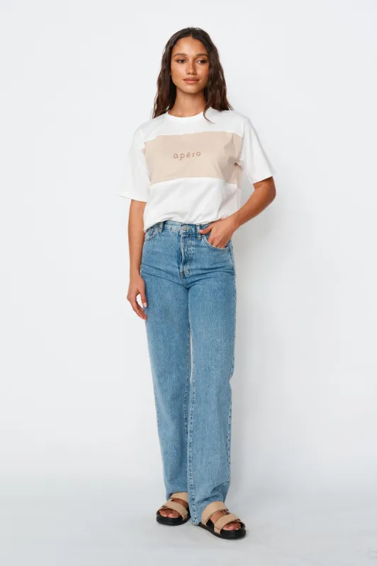 Dual Embroidered Panel Tee - White / Beige sold by Apero Label