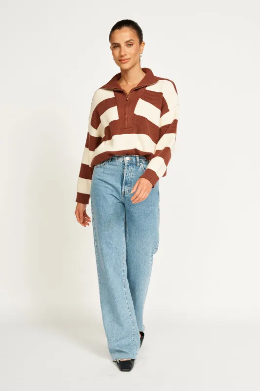 Beatrix Half-Zip Knit Jumper -  Rust / Cream made by Apero Label