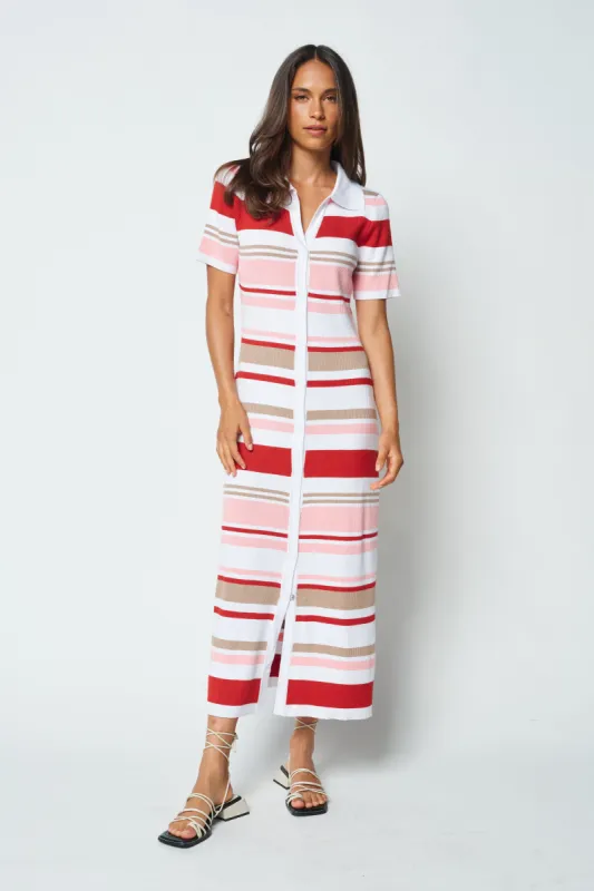 Marguerite Snap-Front Knit Midi Dress - Pink / Red Stripe sold by Apero Label