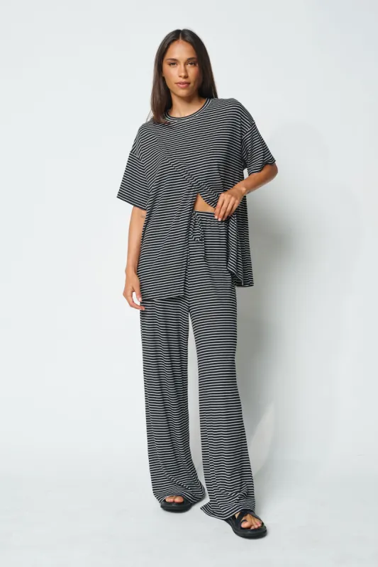 Ivy Stripe Longline Wrap Tee - Black / White made by Apero Label
