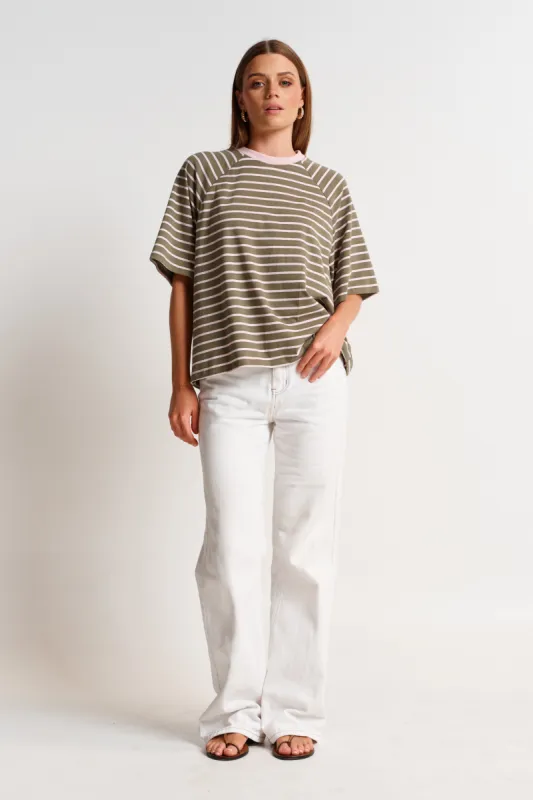 Classique Stripe Box-Cut Tee - Khaki / Pink sold by Apero Label